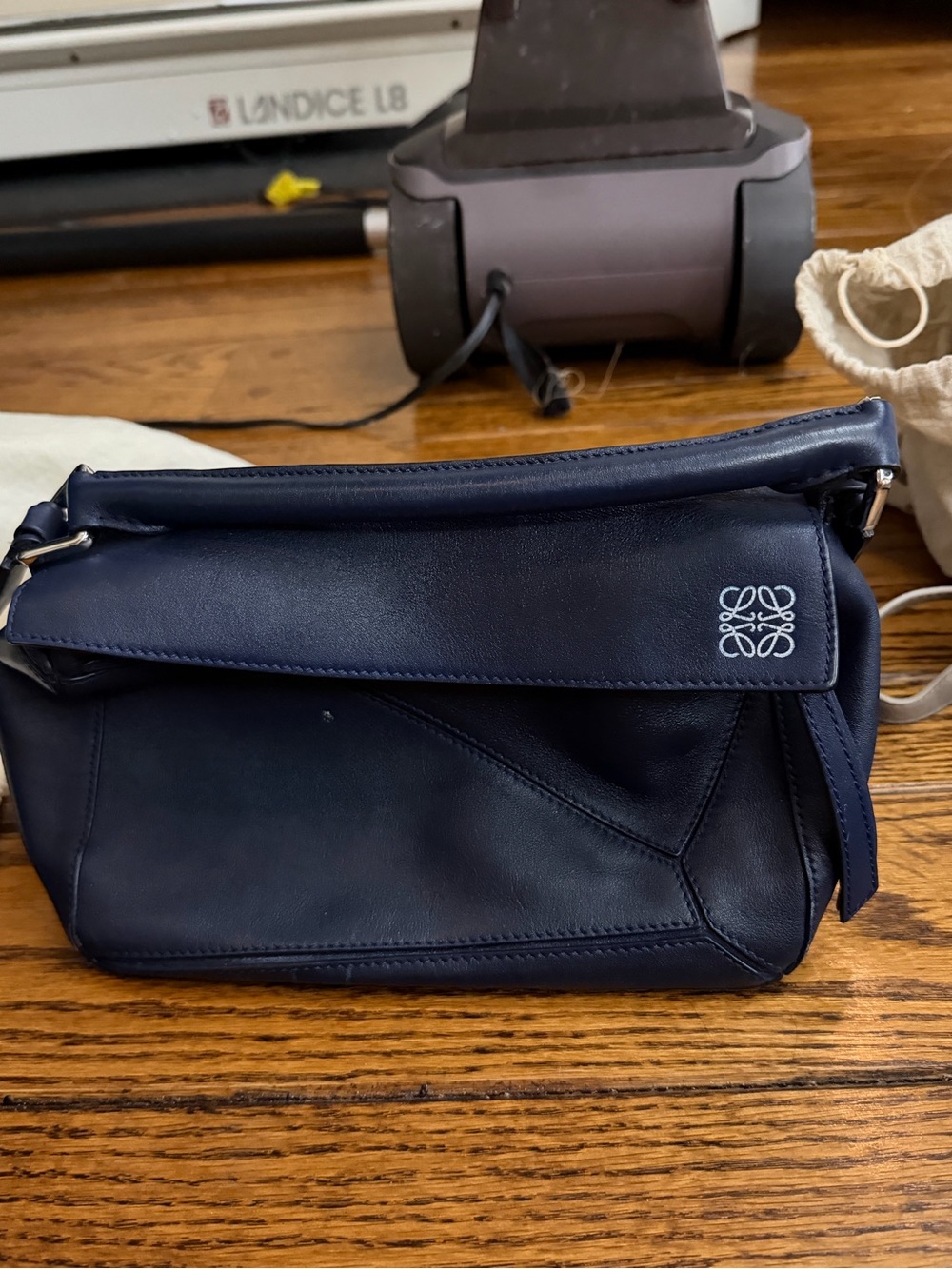 Loewe Navy Leather Messenger Bag with Silver Hardware